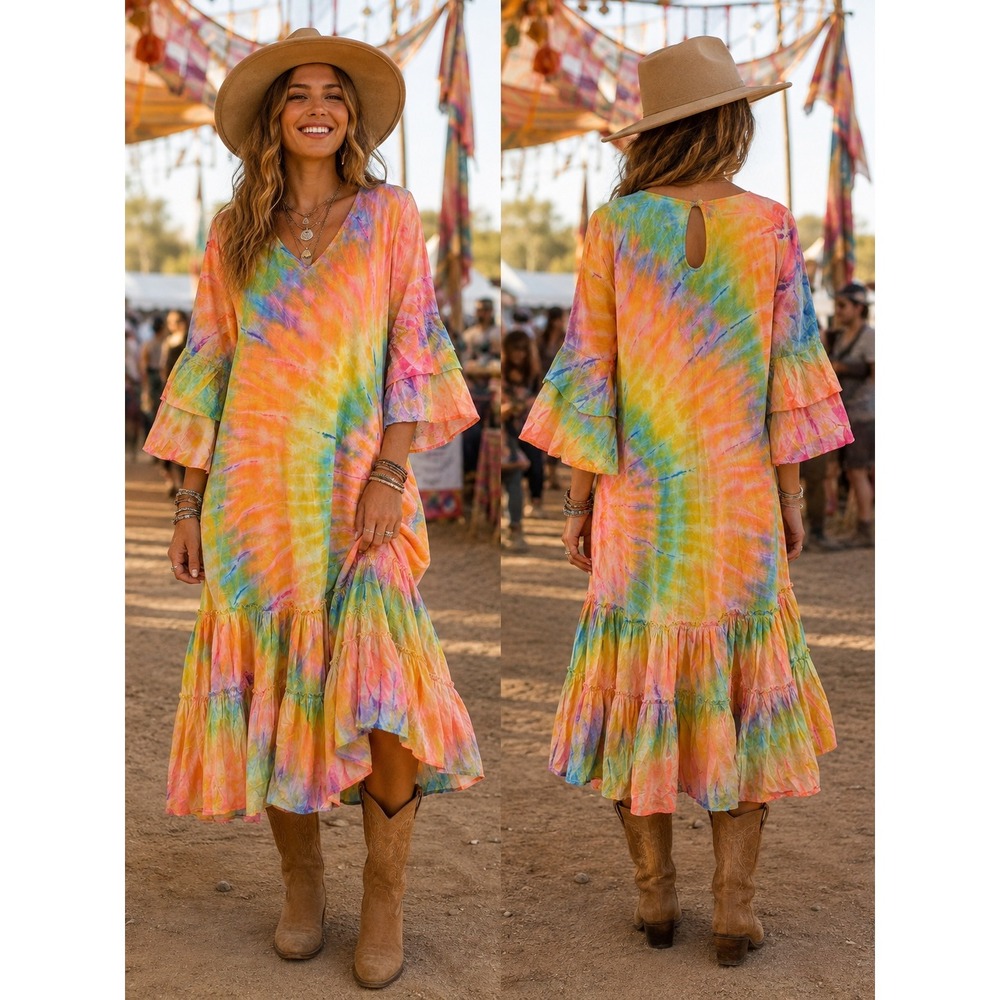 Tie Thai Rainbow Tie Dye Boho Festival Midi Dress Size large Bell Sleeve